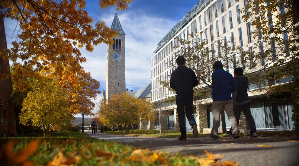 Students walking on campus during the autumn.